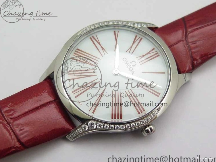 0402 Ladies’ De Ville Trésor Diamond SS 3AF 1:1 Best Edition White Dial On Red Leather Strap Swiss Quartz Snug 7885
